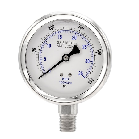 Pro 4 in Dial, 0/500 PSI & Bar, 1/2 in NPT, Lower Mount Glycerin Filled Pressure Gauge PRO-301L-402J-01